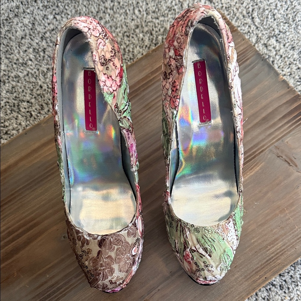 Bordello Floral Platform Stilettos in Pink & Green - Picture 6 of 10